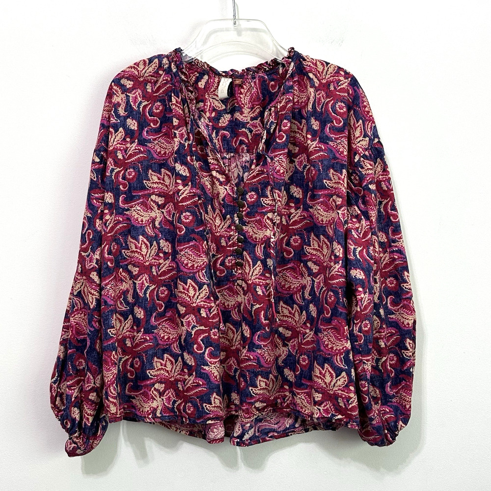 PILCRO Lucille Peasant Blouse L Petite Floral Tie Neckline Henley Balloon Sleeve